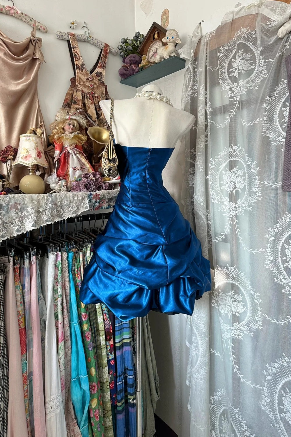 girlhomeshops – Blaues Satin-Schulkleid, kurzes Geburtstagskleid gh6233