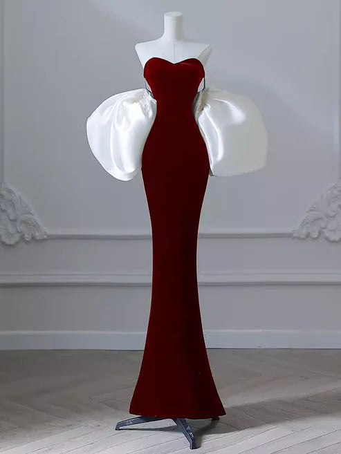 Burgunderrotes, elegantes Meerjungfrau-Kleid mit schulterfreiem, langem, schmalem Samt-Abschlussballkleid, Abendkleid, Partykleid gh3574
