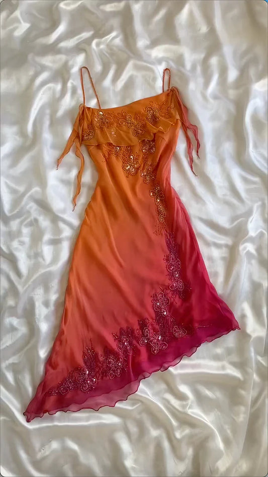 Orange Gradient Exquisite Beaded Spaghetti Strap Midi Chiffon Slim Ball Gown Evening Dress Party Dress Prom Dress gh3214