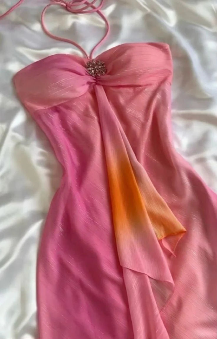 Robe de soirée élégante en mousseline de soie rose magnifique, sans bretelles, dégradée, longue, gh3179