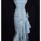 Robe de soirée longue en satin bleu brillant et élégant à bretelles spaghetti gh3489