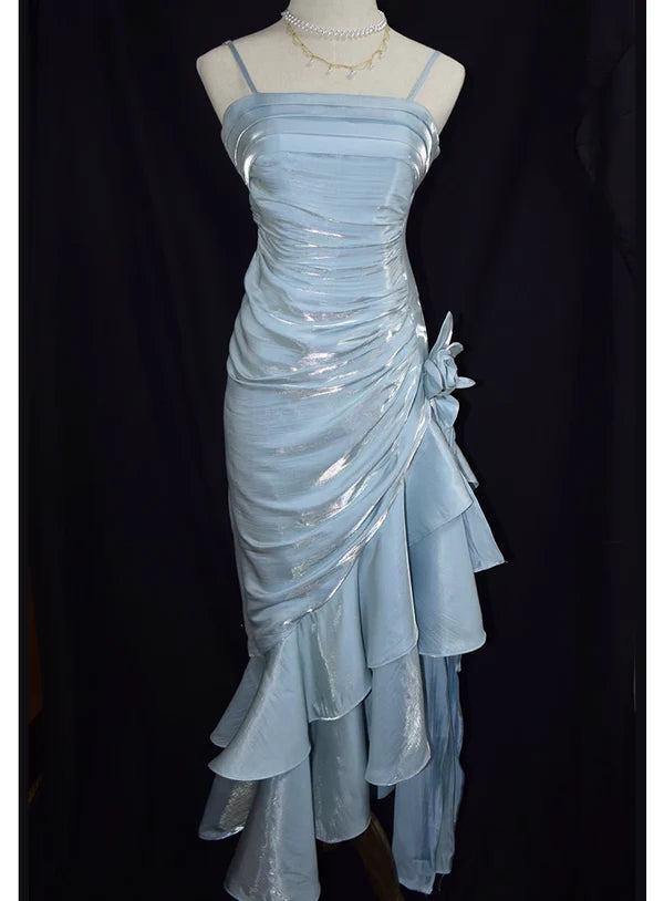 Robe de soirée longue en satin bleu brillant et élégant à bretelles spaghetti gh3489