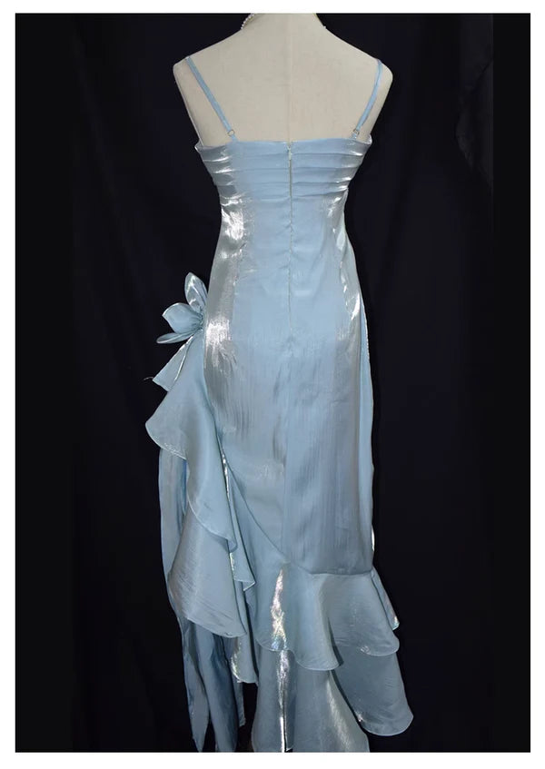 Robe de soirée longue en satin bleu brillant et élégant à bretelles spaghetti gh3489