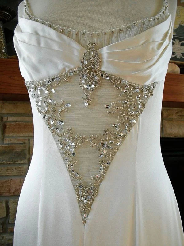 Pure white gorgeous exquisite elegant spaghetti straps long satin floor-length trailing prom dress evening dress wedding dress gh3633