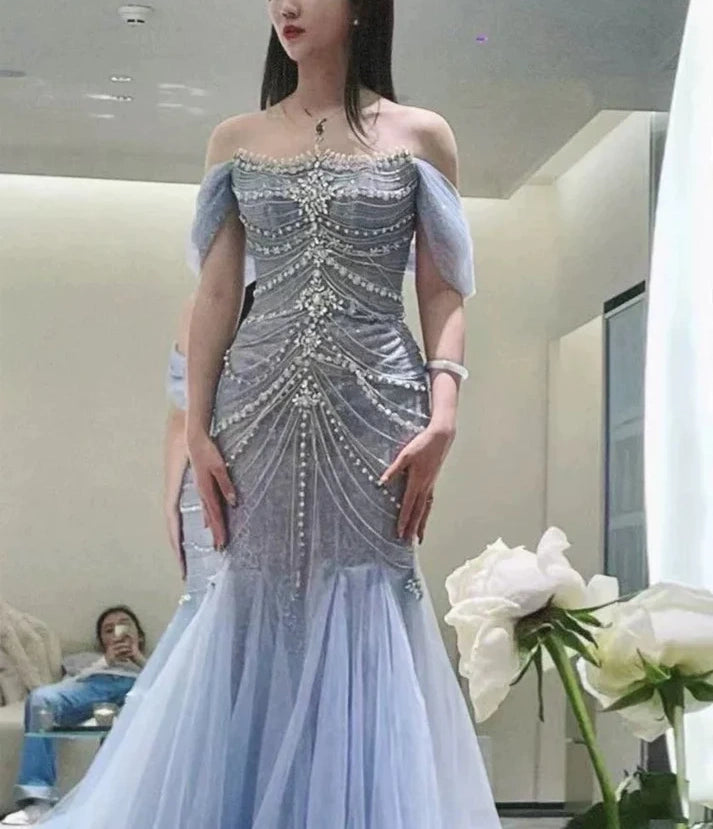 Blue gorgeous shiny beautiful off-shoulder exquisite beading long tulle mermaid slim fishtail skirt ball gown formal evening gown wedding dress gh3559