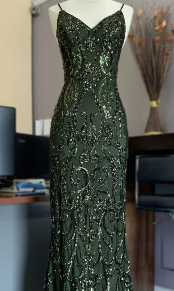 Robe de soirée longue en tulle vert brillant, élégante, délicate, avec des appliques de perles, à bretelles spaghetti, sirène, slim, gh3190