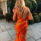 Robe de soirée élégante à bretelles spaghetti et à volants en mousseline de soie, robe de soirée, robe d'invité de mariage, orange, gh3318