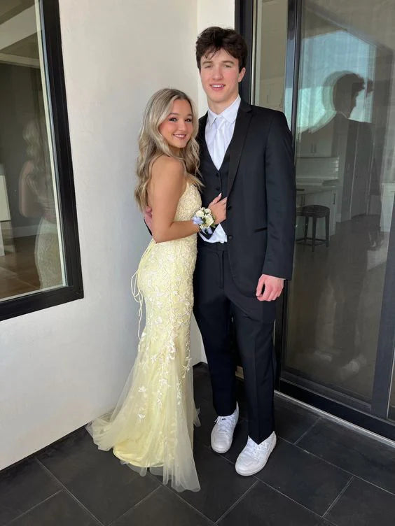 Yellow Fashion Elegant Delicate Floral Embroidery Applique Long Lace Mermaid Slim Ball Gown Evening Gown Party Dress gh3356