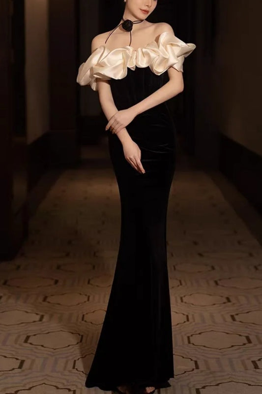 Off-the-Shoulder Ruffle Velvet Mermaid Evening Gown Elegant Halter Neck Party Maxi Dress gh7107