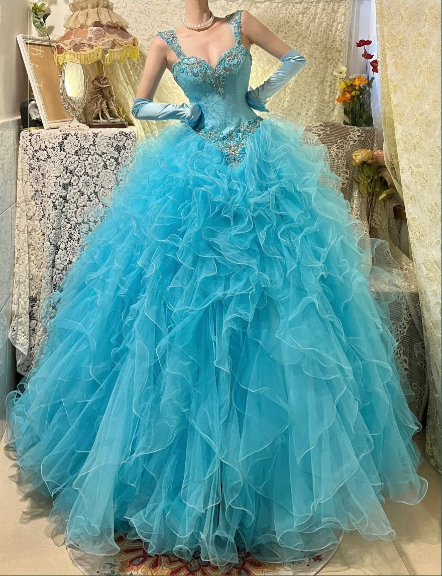 Robe de soirée longue en tulle et organza bleu magnifique et perlée gh4431