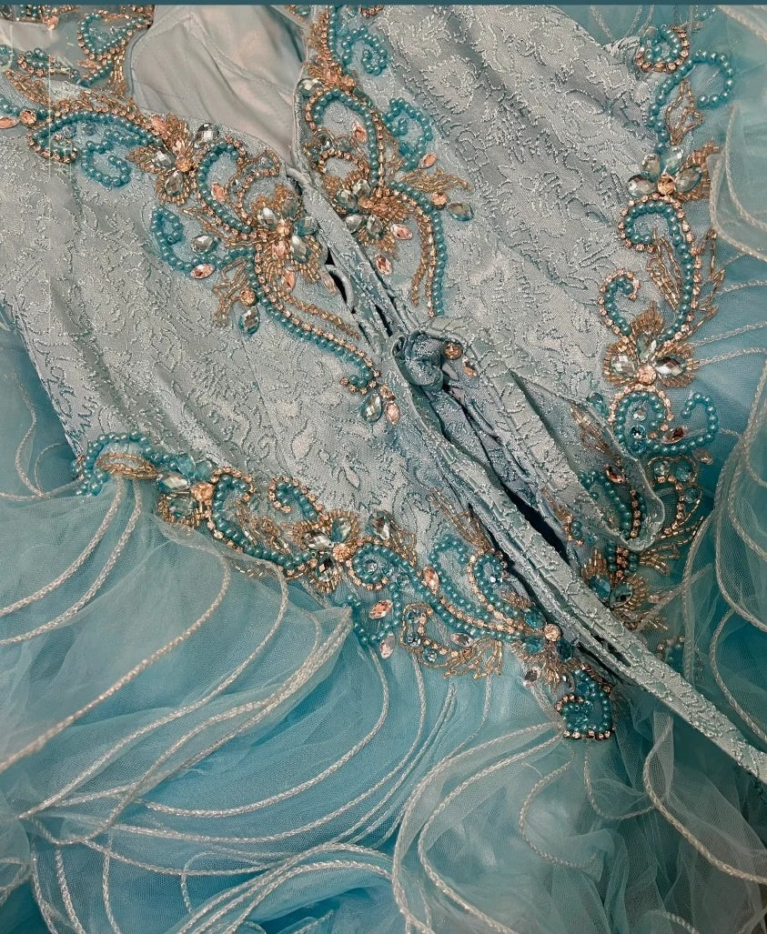 Robe de soirée longue en tulle et organza bleu magnifique et perlée gh4431