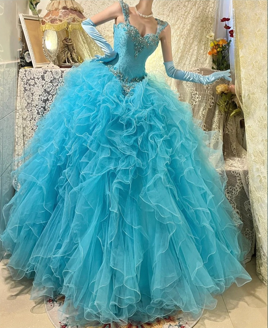 Robe de soirée longue en tulle et organza bleu magnifique et perlée gh4431