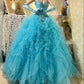 Robe de soirée longue en tulle et organza bleu magnifique et perlée gh4431