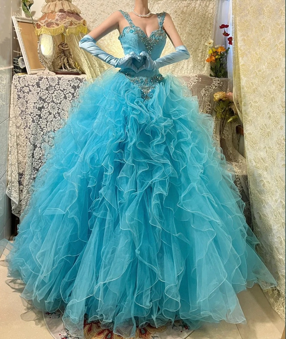 Robe de soirée longue en tulle et organza bleu magnifique et perlée gh4431