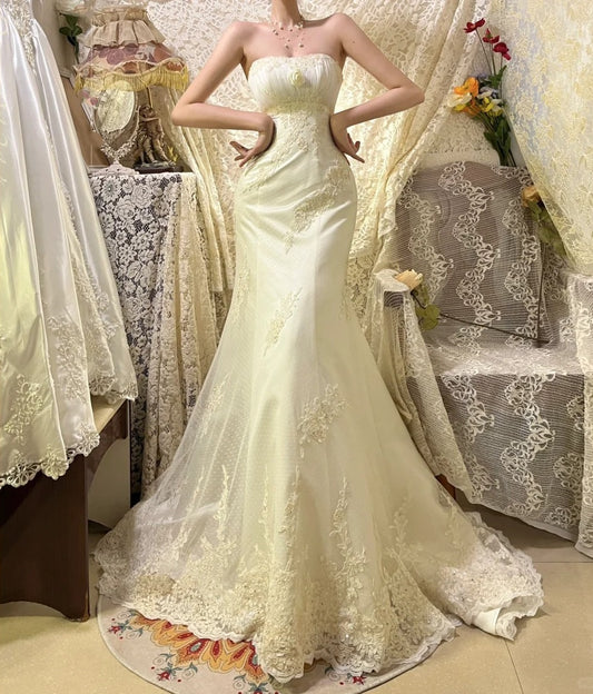 Hellgelbes, florales, perlenbesetztes, langes Spitzen-Tüll-Ballkleid, Abendkleid, Partykleid, gh4488