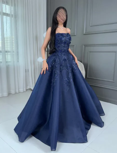 Marineblaues, trägerloses Ballkleid mit 3D-Blumenapplikationen und Perlenstickerei, bodenlanges Abendkleid für formelle Hochzeiten und Abendveranstaltungen gh7098