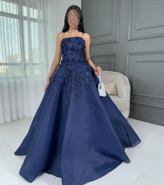 Marineblaues, trägerloses Ballkleid mit 3D-Blumenapplikationen und Perlenstickerei, bodenlanges Abendkleid für formelle Hochzeiten und Abendveranstaltungen gh7098