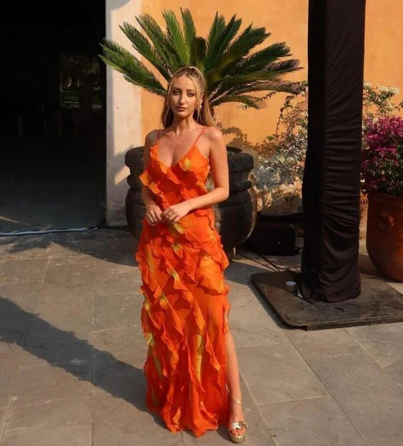 Robe de soirée élégante à bretelles spaghetti et à volants en mousseline de soie, robe de soirée, robe d'invité de mariage, orange, gh3318
