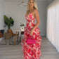 Hot Red Floral Print A-Linie Rückenfrei Rüschen Lange Chiffon Elegante Sexy Ballkleid Abendkleid Partykleid gh3185