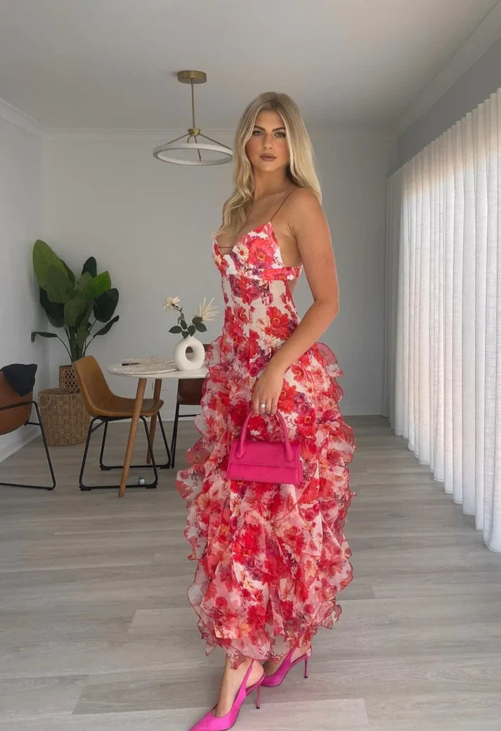 Hot Red Floral Print A-Linie Rückenfrei Rüschen Lange Chiffon Elegante Sexy Ballkleid Abendkleid Partykleid gh3185