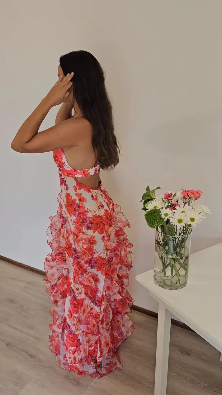 Hot Red Floral Print A-Linie Rückenfrei Rüschen Lange Chiffon Elegante Sexy Ballkleid Abendkleid Partykleid gh3185