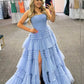 A-Line Strapless Tulle Long Prom Dress with Tiered Ruffles gh2676