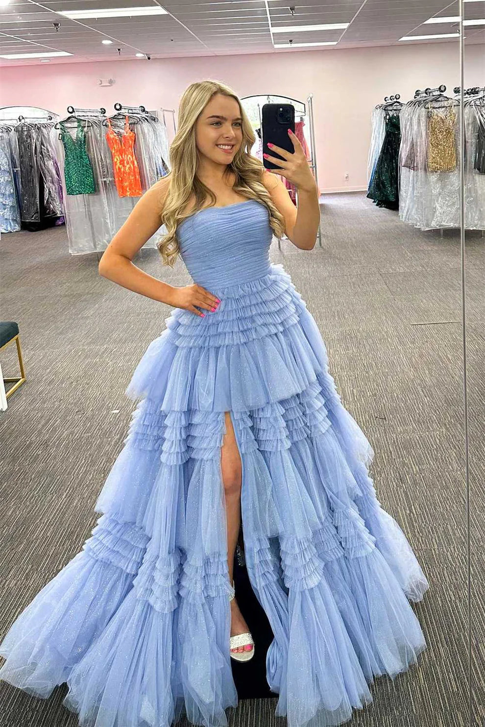 A-Line Strapless Tulle Long Prom Dress with Tiered Ruffles gh2676