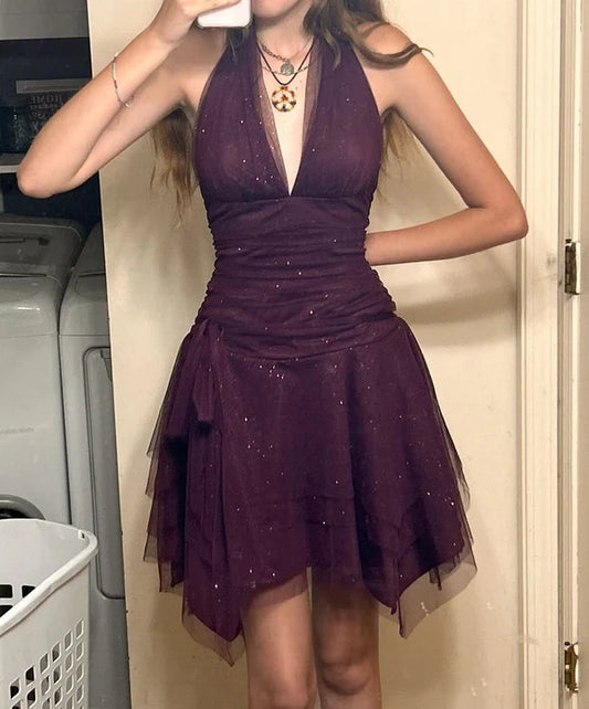 Girlhomeshops - Robe moulante violette brillante Hoco, robe de soirée courte en mousseline de soie GH5568