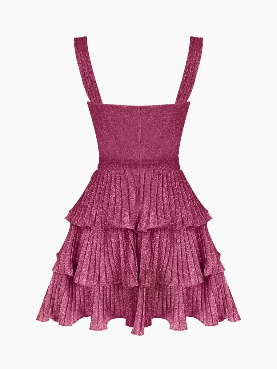 Robe courte en mousseline de soie rose brillante et mignonne à volants, tenue de soirée, d'anniversaire, de vacances, gh4849