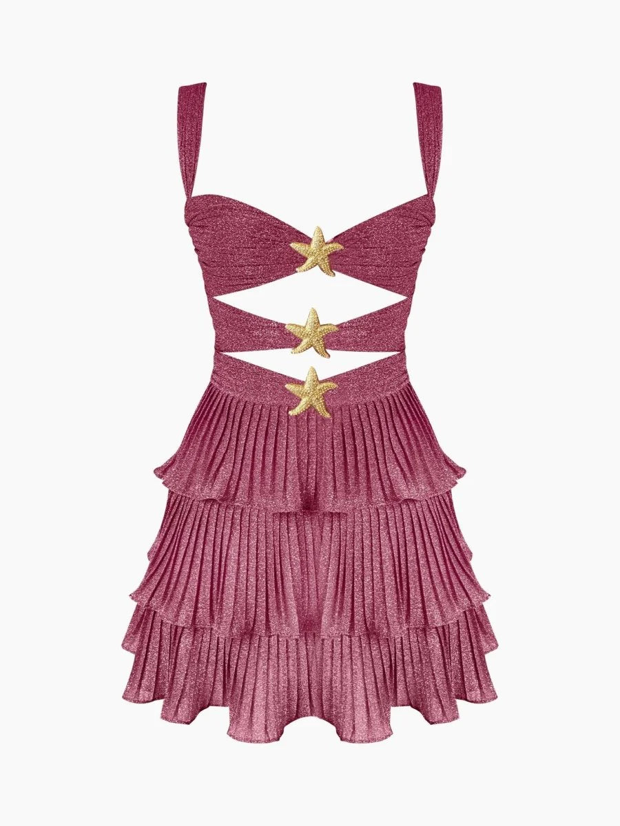 Robe courte en mousseline de soie rose brillante et mignonne à volants, tenue de soirée, d'anniversaire, de vacances, gh4849