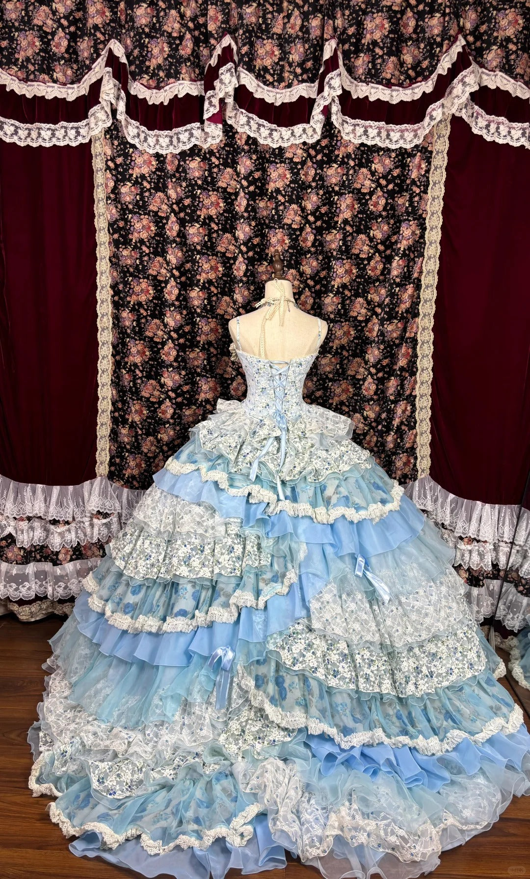 Robe de soirée longue en satin et tulle, motif floral bleu, élégante et mignonne, gh4769