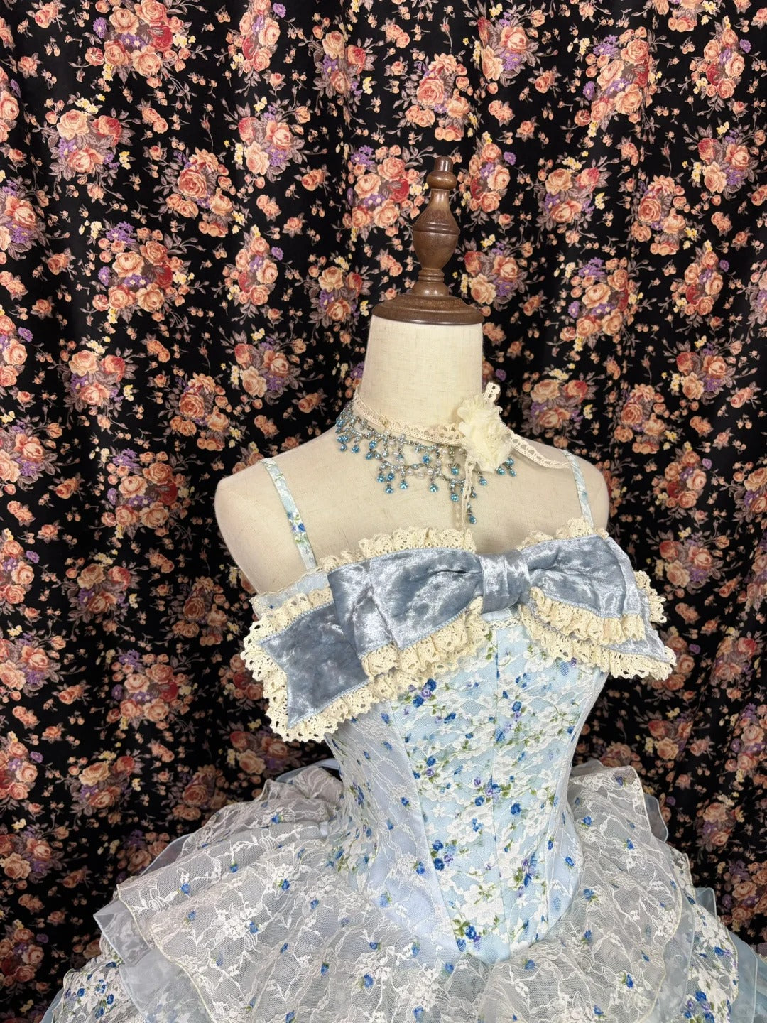 Robe de soirée longue en satin et tulle, motif floral bleu, élégante et mignonne, gh4769