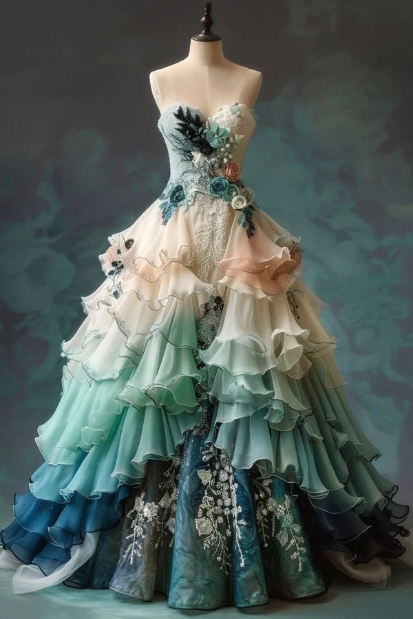 Green blue fashion gradient elegant exquisite floral applique long tulle ball gown evening dress wedding dress gh3598