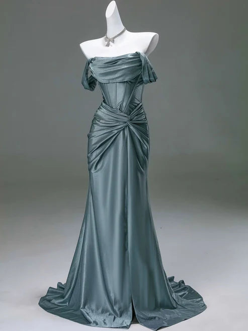 Free custom color and size blue/burgundy elegant off the shoulder pleated satin long formal mermaid ball gown evening dress party dress gh4245