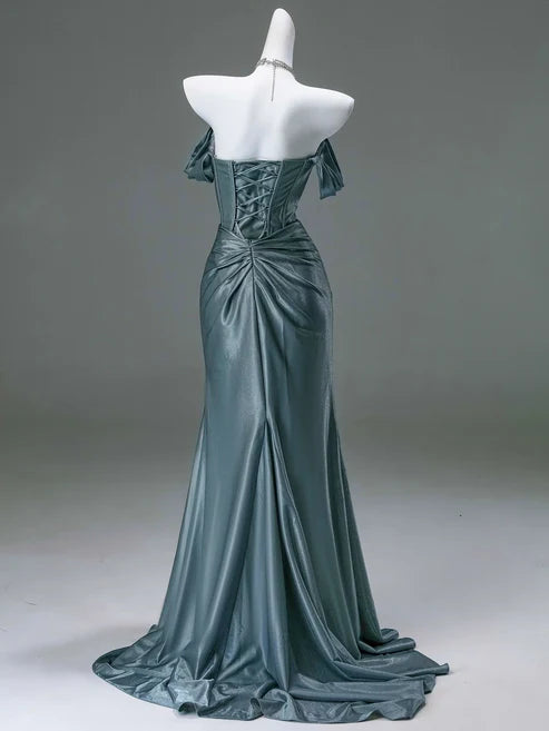 Free custom color and size blue/burgundy elegant off the shoulder pleated satin long formal mermaid ball gown evening dress party dress gh4245