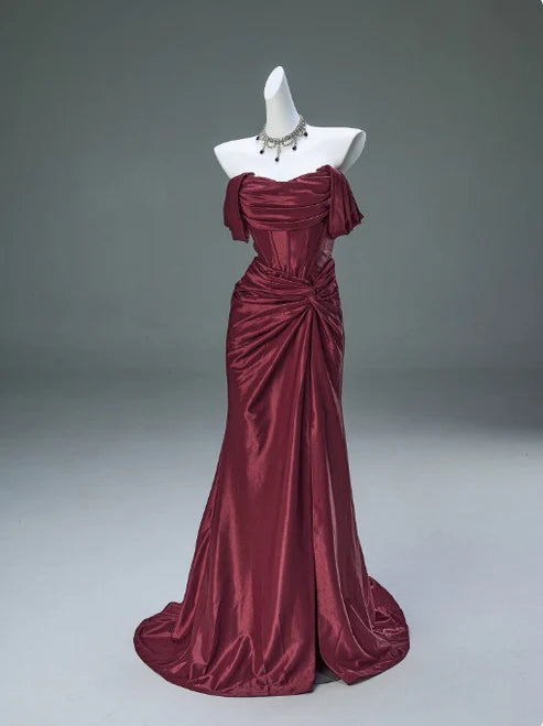 Kostenlose benutzerdefinierte Farbe und Größe blau/burgund elegante aus der Schulter plissiert Satin lange formale Meerjungfrau Ballkleid Abendkleid Partykleid gh4245