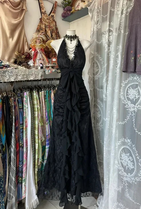 Schwarz/Rot Süße Vintage Mode Rückenfreies Langes A-linie Chiffon Tüll Ballkleid Abendkleid Geburtstagskleid gh4244