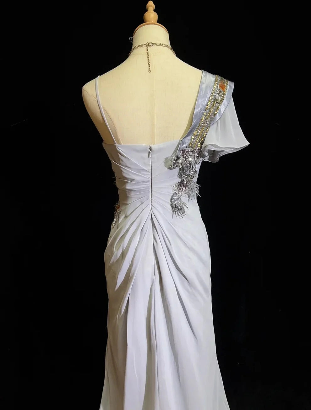 Robe de soirée longue en satin gris avec broderies et perles exquises, sequins, bretelles spaghetti, robe de bal, gh4103