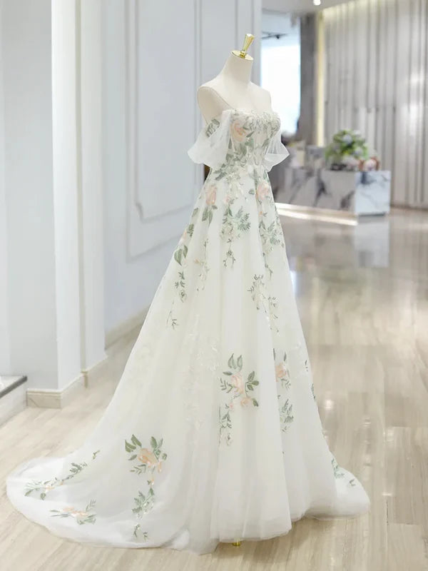 Weißes exquisites Blumen-Mode-Kurzarm-Lang-Tüll-Bodenlänge-Ballkleid, Abendkleid, Partykleid gh3524