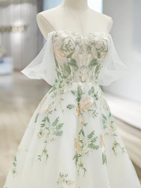 Weißes exquisites Blumen-Mode-Kurzarm-Lang-Tüll-Bodenlänge-Ballkleid, Abendkleid, Partykleid gh3524