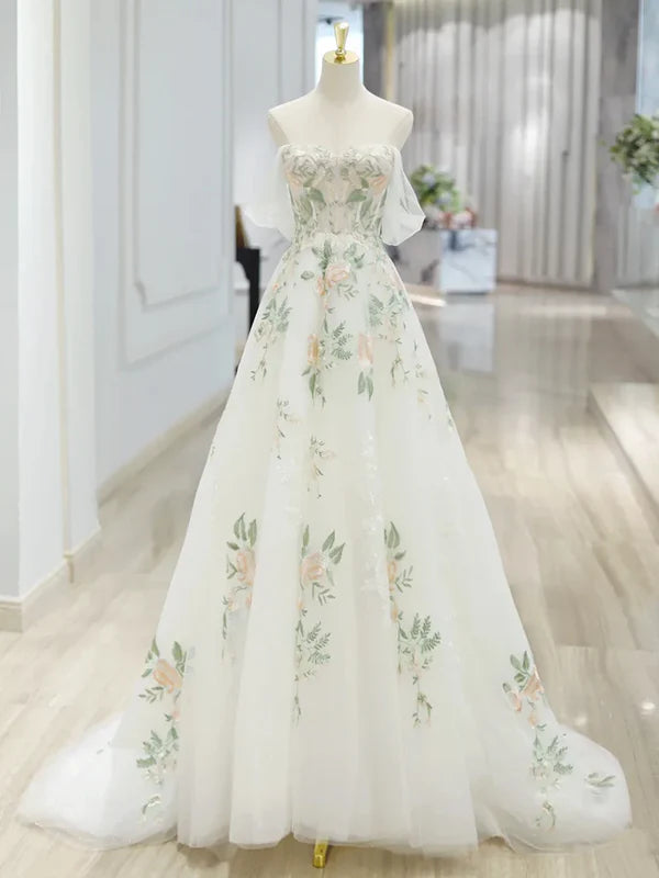Weißes exquisites Blumen-Mode-Kurzarm-Lang-Tüll-Bodenlänge-Ballkleid, Abendkleid, Partykleid gh3524