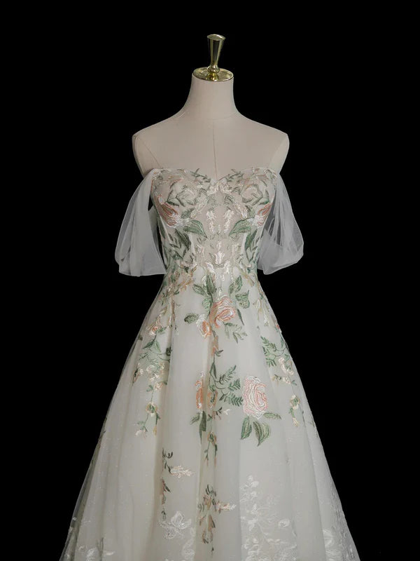 Weißes exquisites Blumen-Mode-Kurzarm-Lang-Tüll-Bodenlänge-Ballkleid, Abendkleid, Partykleid gh3524
