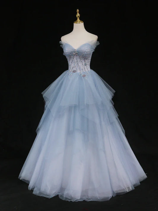 Wunderschönes, exquisites, mit Perlen verziertes A-Linien-Tüll-Abendkleid in Blau, langes Ballkleid, formelles Abschlusskleid gh3465