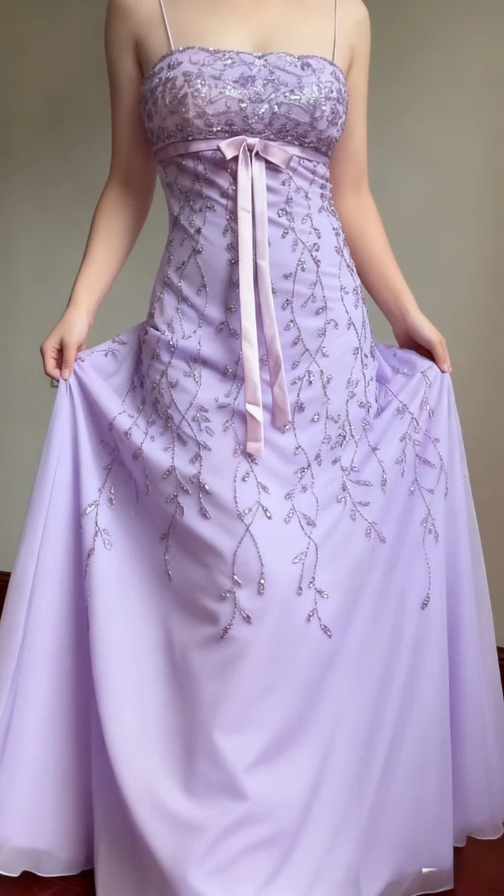 Trägerloses Abendkleid im Sweet Element Style mit Spaghettiträgern | Rosa-lila Tüll-Maxikleid mit Perlenbesatz für Verlobung, Party, Junggesellinnenabschied und andere festliche Anlässe gh6433