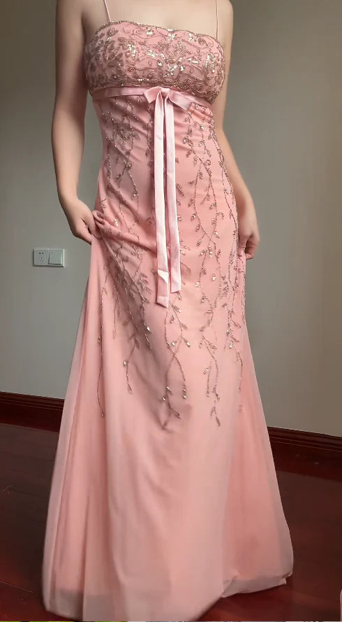 Trägerloses Abendkleid im Sweet Element Style mit Spaghettiträgern | Rosa-lila Tüll-Maxikleid mit Perlenbesatz für Verlobung, Party, Junggesellinnenabschied und andere festliche Anlässe gh6433