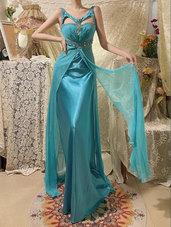 Robe de soirée sirène longue en satin bleu à perles gh4439