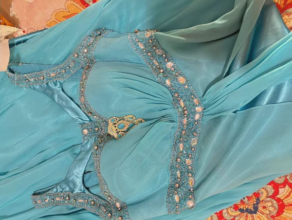 Robe de soirée sirène longue en satin bleu à perles gh4439