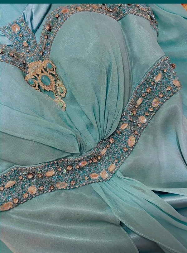 Robe de soirée sirène longue en satin bleu à perles gh4439