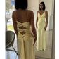 Yellow Fashion V-neck Spaghetti Straps Elegant Long Satin Back lace-up Ball Gown Evening Dress Party Dress gh3160