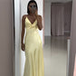 Yellow Fashion V-neck Spaghetti Straps Elegant Long Satin Back lace-up Ball Gown Evening Dress Party Dress gh3160